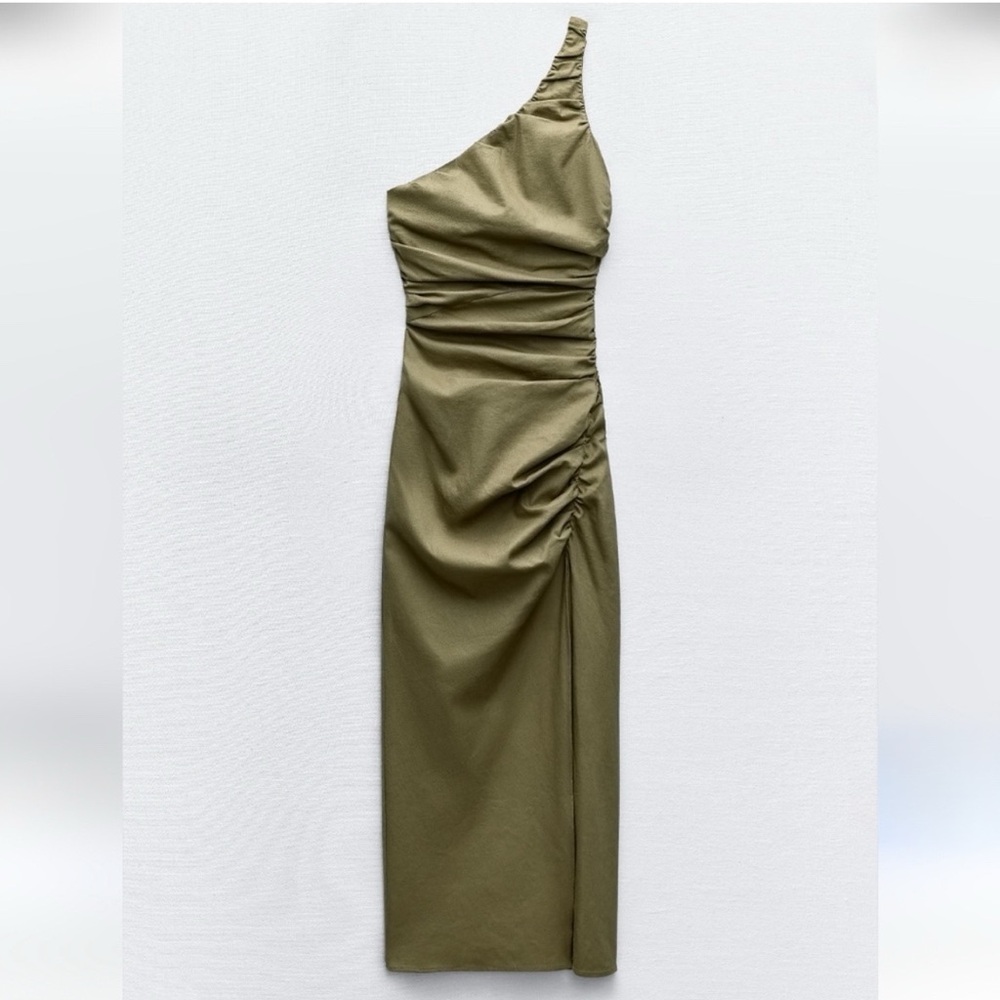 Zara Olive One Shoulder Linen Midi Dress with ruched side slit